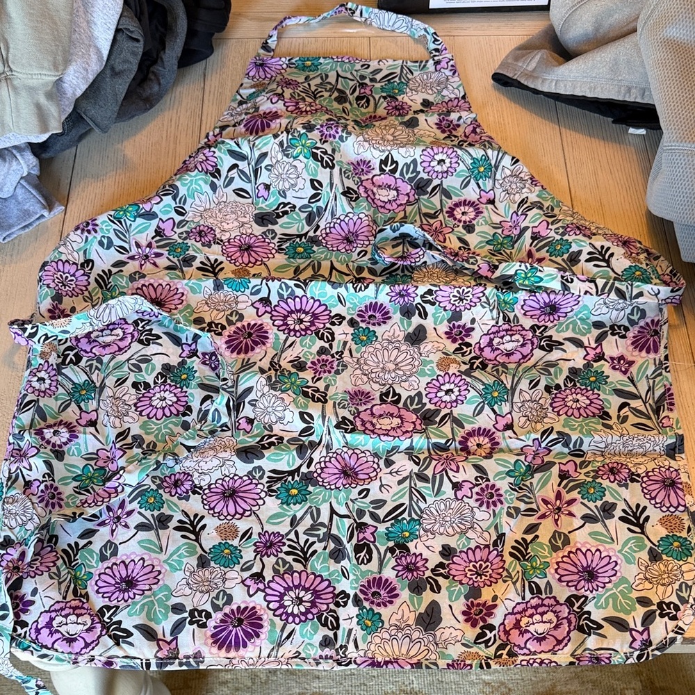 Floral Cotton Apron with Purple & Teal Blooms